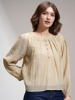 TOKYO TALKIES - Women Khaki Bishop Sleeve Pleated Top