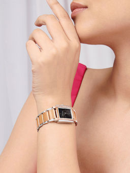 Joker and Witch - Joker & Witch Linear Luxe Dual Tone Watch with Black Rectangle Dial and Chain Link Strap-Amww888 (M)