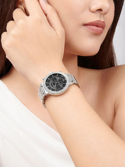 Joker and Witch - Joker & Witch Silver Watch with Rhinestone Accents, Black Dial, and Metallic Strap-AMWW915 (M)