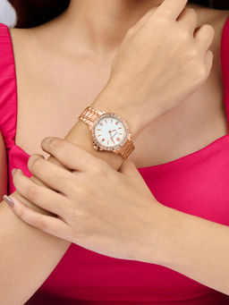 Joker and Witch - Joker & Witch Rosegold Rhinestone Watch with White Dial and Chain Link Strap-AMWW882 (M)