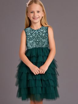 CHERRY CRUMBLE BY NITT HYMAN - Party Wear Ruffled Applique Green Dress for Girls