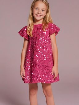 CHERRY CRUMBLE BY NITT HYMAN - Girls Half Sleeves with Zipper Fit & Flared Sequin Dress