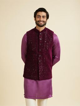 Manyavar - Wine Velvet Majesty Nehru Jacket for Men