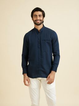 Manyavar - Lustrous Dark Blue Cotton Short Kurta for Men