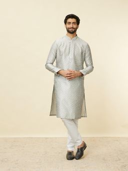 Manyavar - Pearl River Grey Buta Patterned Kurta with Churidar for Men