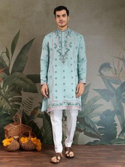 Odette - Sky Blue Viscose Silk Embroidered Stitched Kurta for Men
