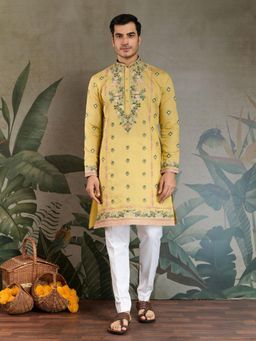 Odette - Yellow Viscose Silk Embroidered Stitched Kurta for Men