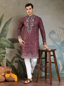 Odette - Mauve Viscose Silk Embroidered Stitched Kurta for Men