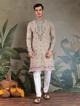 Odette - Beige Viscose Silk Embroidered Stitched Kurta for Men