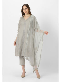Kaveri - Grey Fern Heart Strings Kurta with Dupatta and Pant (Set of 3)