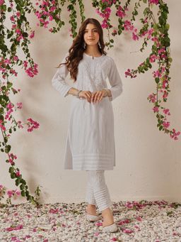 ADA - Women White Cotton Embroidered Kurta with Pant (Set of 2)