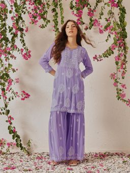 ADA - Women Lavender Modal Embroidered Kurta with Gharara (Set of 2)