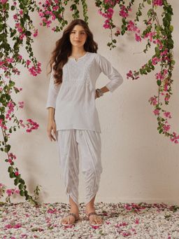 ADA - Women White Cotton Embroidered Kurti with Dhoti (Set of 2)