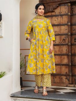 ARAMYA - Women Yellow Cotton Floral Kurta with Pant and Dupatta (Set of 3)