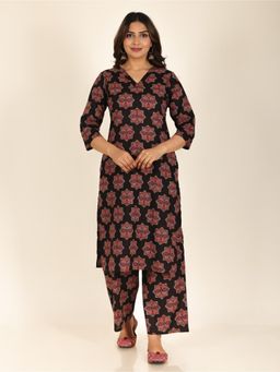 ARAMYA - Women Black Cotton Self Design Kurta with Palazzo (Set of 2)
