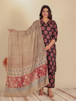 ARAMYA - Women Black Cotton Floral Kurta with Palazzo and Dupatta (Set of 3)