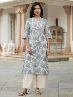 ARAMYA - Women Blue Linen Floral Kurta with Palazzo (Set of 2)