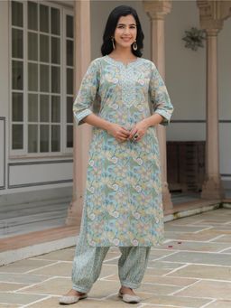 ARAMYA - Women Blue Cotton Floral Kurta with Salwar (Set of 2)