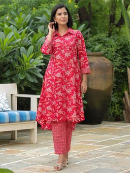 ARAMYA - Women Red Cotton Floral Kurta with Pant (Set of 2)