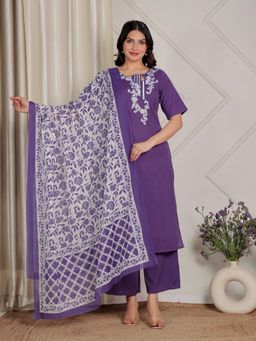 ARAMYA - Women Purple Cotton Linen Floral Kurta with Palazzo and Dupatta (Set of 3)