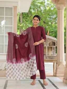 ARAMYA - Women Wine Cotton Linen Solid Kurta with Pant and Dupatta (Set of 3)