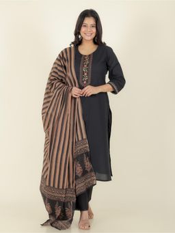 ARAMYA - Women Black Cotton Floral Kurta with Pant and Dupatta (Set of 3)