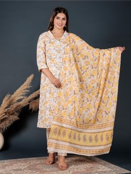 ARAMYA - Women Yellow Cotton Floral Kurta with Pant and Dupatta (Set of 3)