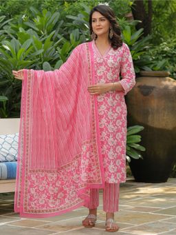 ARAMYA - Women Pink Cotton Floral Kurta with Pant and Dupatta (Set of 3)