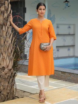 ARAMYA - Women Orange Cotton Floral Kurta with Pant (Set of 2)