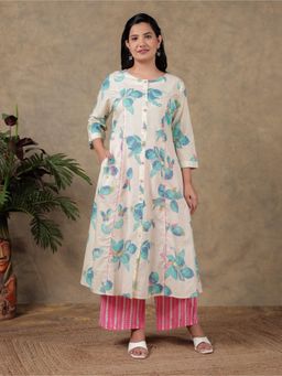 ARAMYA - Women Off White Cotton Floral Kurta with Palazzo (Set of 2)