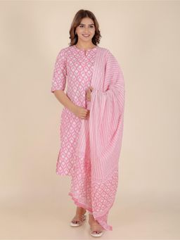 ARAMYA - Women Pink Cotton Floral Kurta with Pant and Dupatta (Set of 3)