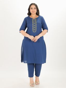 ARAMYA - Women Blue Cotton Embroidered Kurta with Pant (Set of 2)