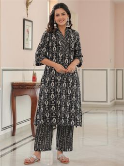 ARAMYA - Women Black Cotton Printed Kurta with Palazzo (Set of 2)