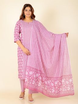ARAMYA - Women Pink Cotton Floral Kurta with Palazzo and Dupatta (Set of 3)