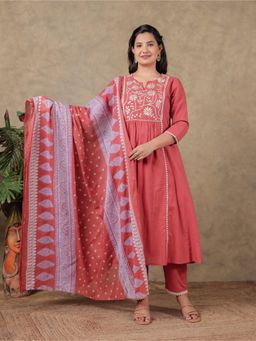 ARAMYA - Women Red Khadi Embroidered Kurta with Pant and Dupatta (Set of 3)