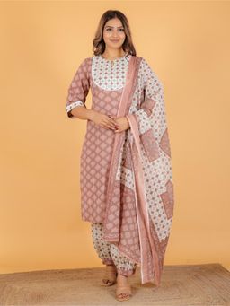 ARAMYA - Women Brown Cotton Geometric Kurta with Salwar and Dupatta (Set of 3)