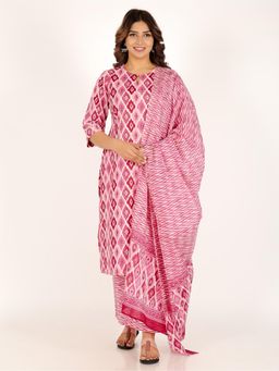 ARAMYA - Women Pink Cotton Printed Kurta with Palazzo and Dupatta (Set of 3)