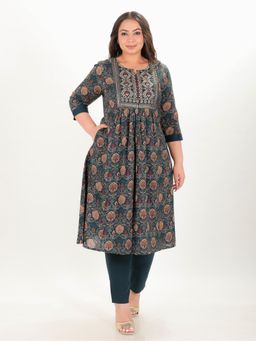 ARAMYA - Women Teal Cotton Floral Kurta with Pant (Set of 2)