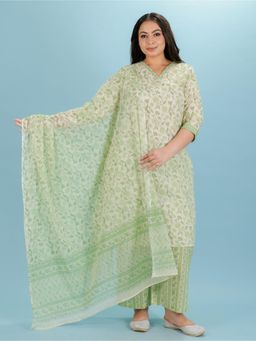 ARAMYA - Women Green Cotton Floral Kurta with Palazzo and Dupatta (Set of 3)