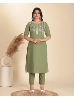 ARAMYA - Women Green Cotton Embroidered Kurta with Pant (Set of 2)