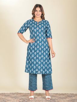 ARAMYA - Women Teal Cotton Floral Kurta with Pant (Set of 2)