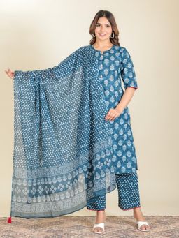 ARAMYA - Women Blue Cotton Floral Kurta with Palazzo and Dupatta (Set of 3)