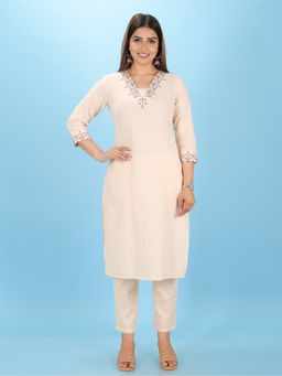 ARAMYA - Women Cream Linen Embroidered Kurta with Pant (Set of 2)