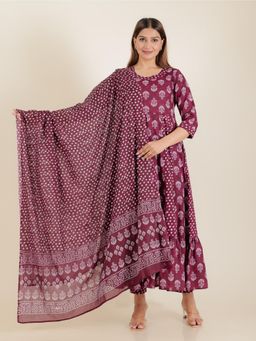 ARAMYA - Women Purple Cotton Floral Anarkali Kurta with Pant and Dupatta (Set of 3)