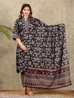 ARAMYA - Women Black Cotton Animal Print Kurta with Palazzo and Dupatta (Set of 3)