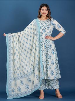 ARAMYA - Women Blue Cotton Floral Kurta with Palazzo and Dupatta (Set of 3)