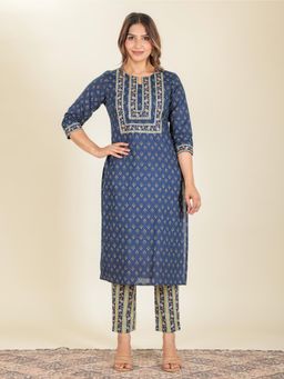 ARAMYA - Women Blue Cotton Floral Kurta with Pant (Set of 2)