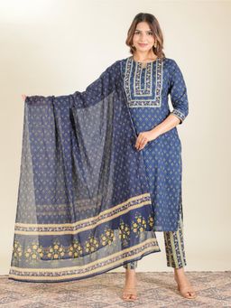 ARAMYA - Women Blue Cotton Floral Kurta with Pant and Dupatta (Set of 3)