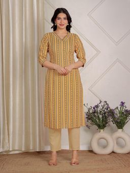 ARAMYA - Women Yellow Cotton Self Design Kurta with Pant (Set of 2)