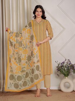 ARAMYA - Women Yellow Cotton Self Design Kurta with Pant and Dupatta (Set of 3)